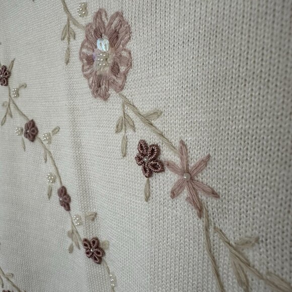 NWT Floral Embroidered Beaded Sweater Women XL Cottagecore Alfred Dunner Ivory - Picture 3 of 8